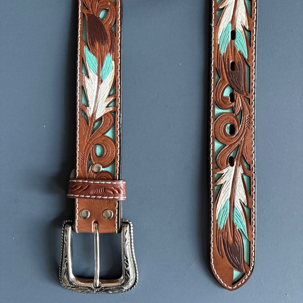 Nocona Mens Brown Leather Tooled Feather Turquoise Western Belt | Sz 34 |